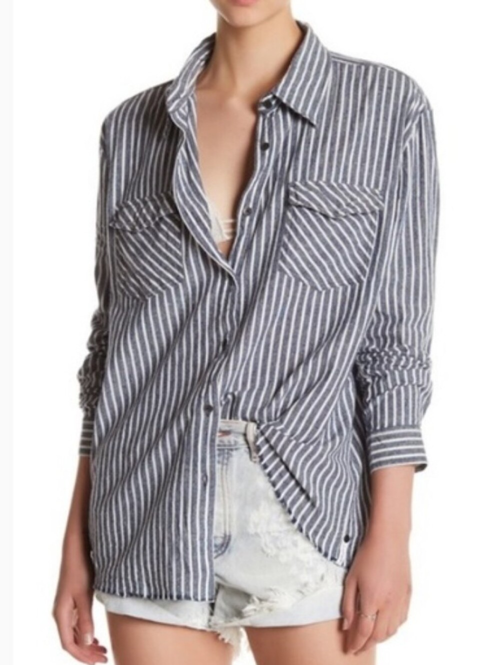 One Teaspoon Beach Club Liberty Shirt Navy White Striped Raw Hem Womens Small